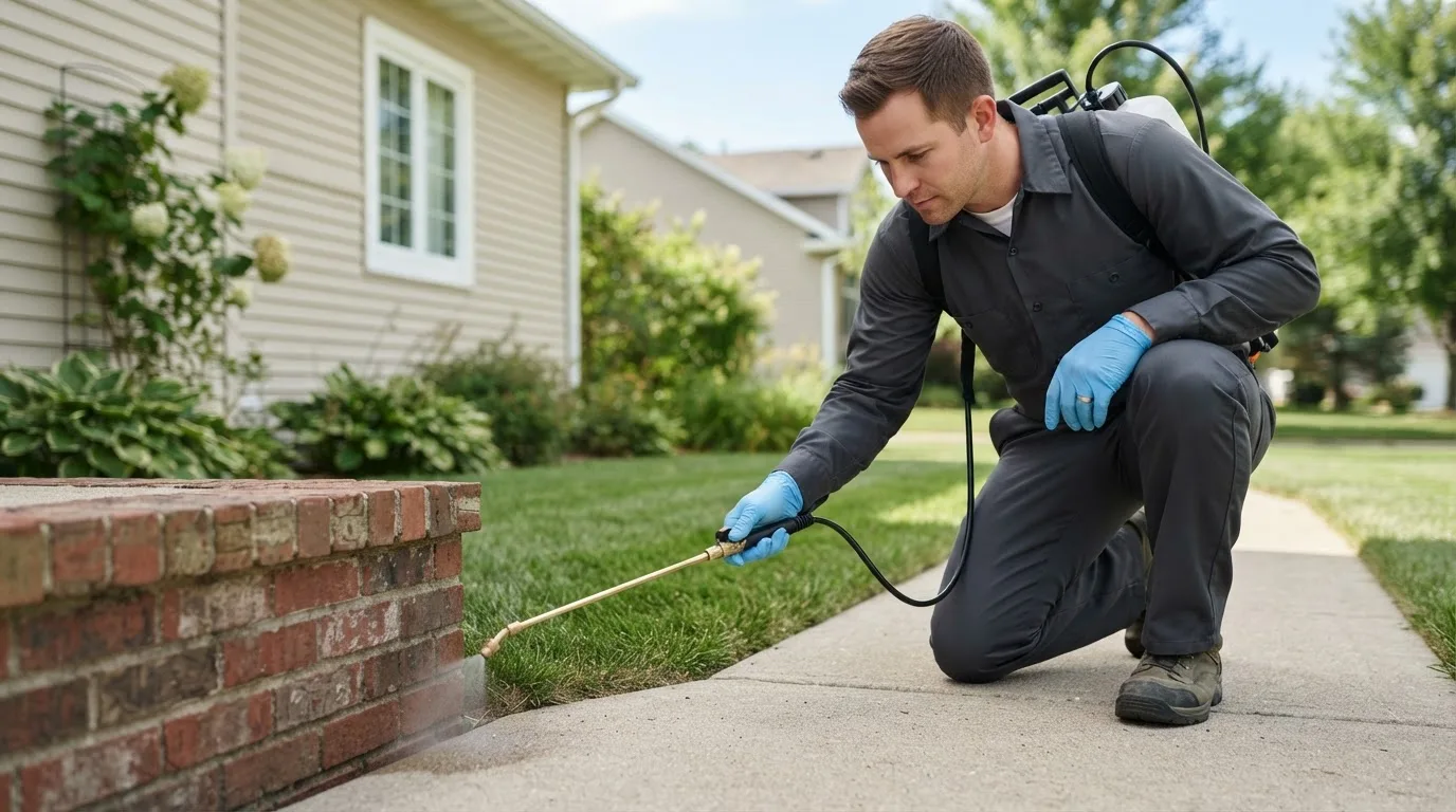 Pest control technician treating a home near Chanhassen, MN